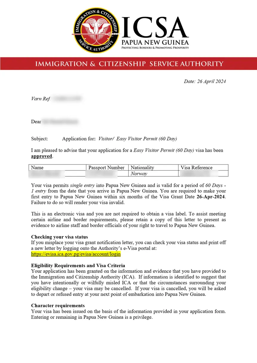 Papua New Guinea eVisa – sample document